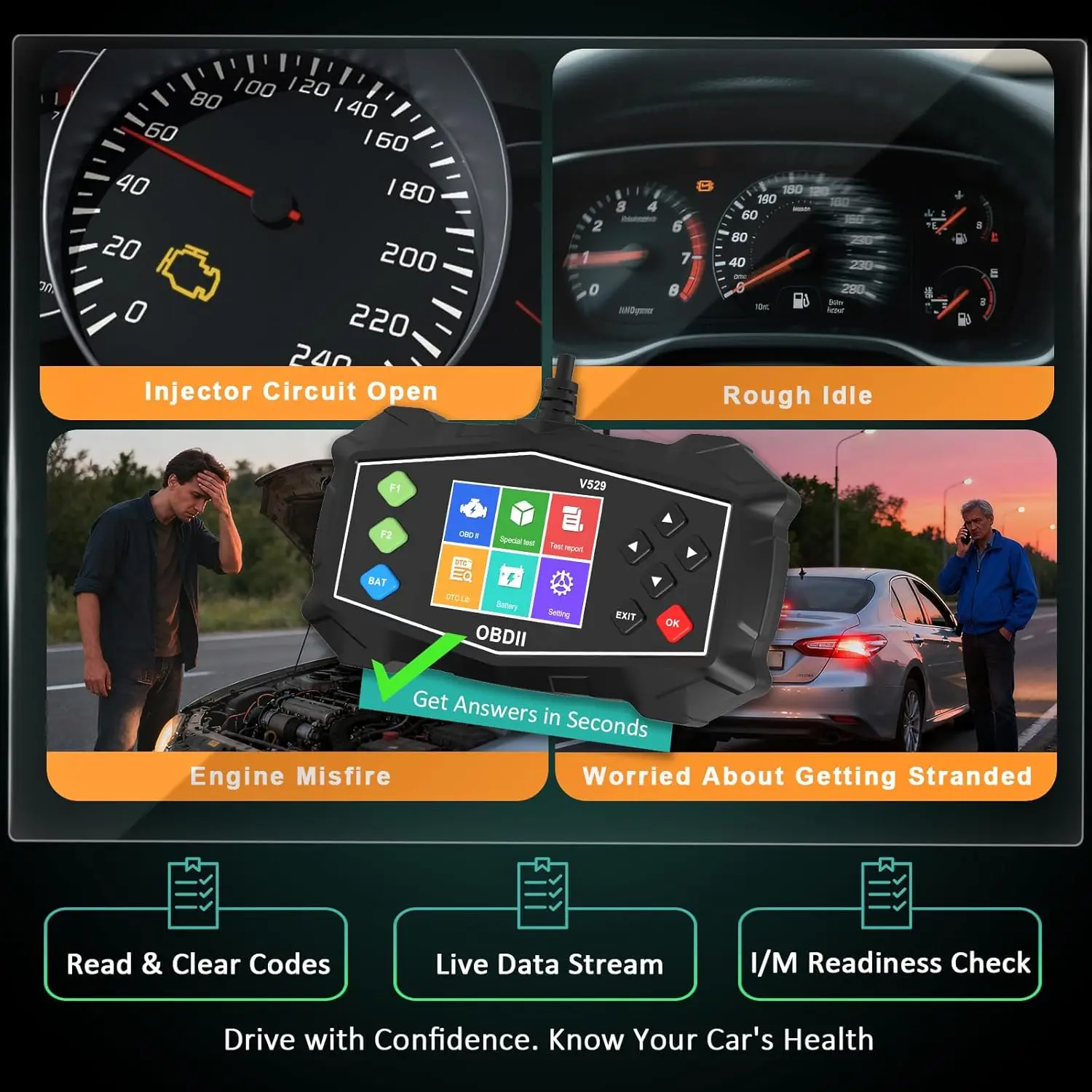 Escaner Automotriz OBD2 Scanner, Automotive Diagnostic Scan Tool, Read/Clear Codes, I/M Readiness, DTC Lookup for Smog Check