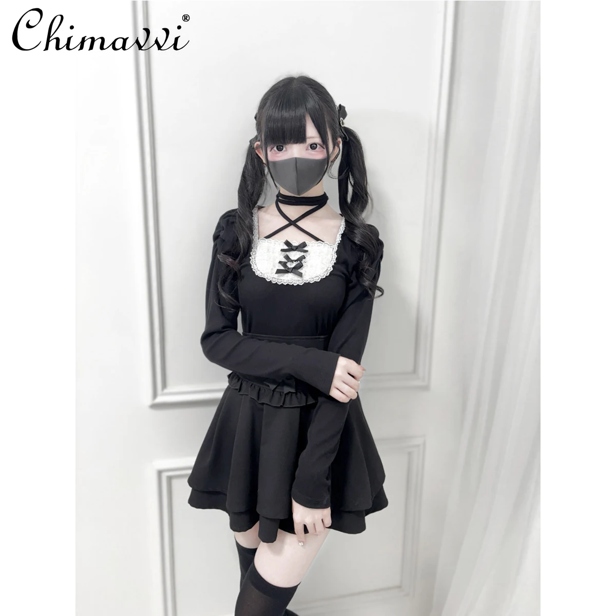 

Japanese Style Mass-Produced Lace Bib Bow Tie Knitted Top 2025 Autumn Sweet Cool Girl Women Slim-fit Elegant Lolita Sweater