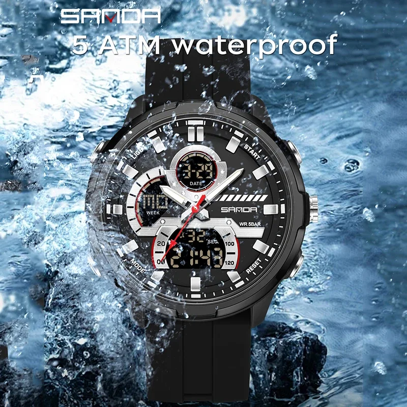 SANDA Fashion New G Style Dual Display ساعة إلكترونية للرجال 5ATM مقاومة للماء LED ضوء ليلي ساعات كوارتز رياضية متعددة الوظائف