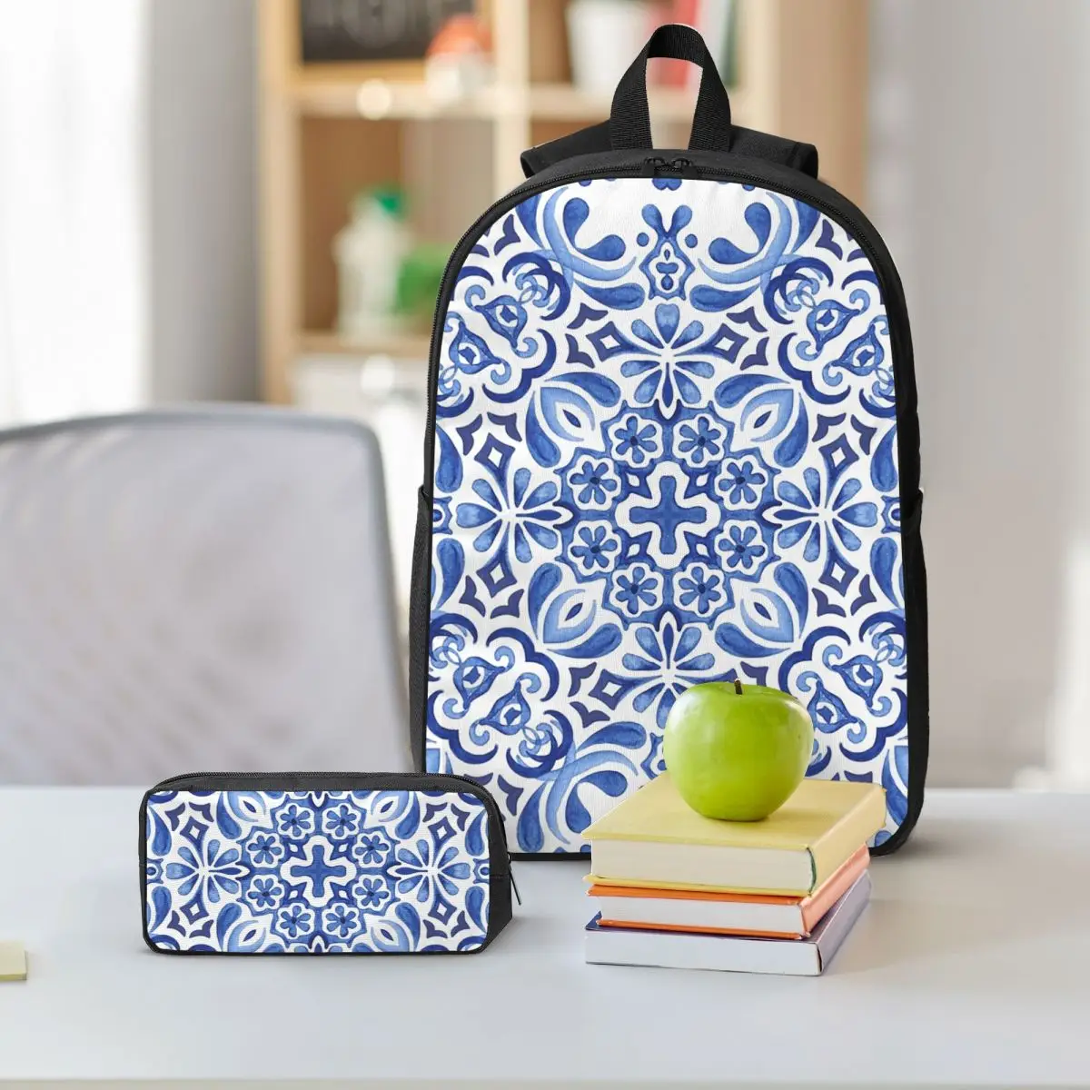 Mediterranean Mosaic Tiles Azulejos Backpack Student BookBag School Bag Shoulder Bags 3ps Insulated Lunch Bag Pencil Case