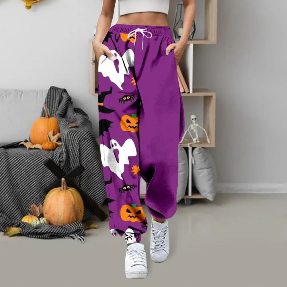 High-waisted Loose Fit Sweatpants Halloween Pumpkin Print Women's Sweatpants with High Waist Adjustable Drawstring for Fitness