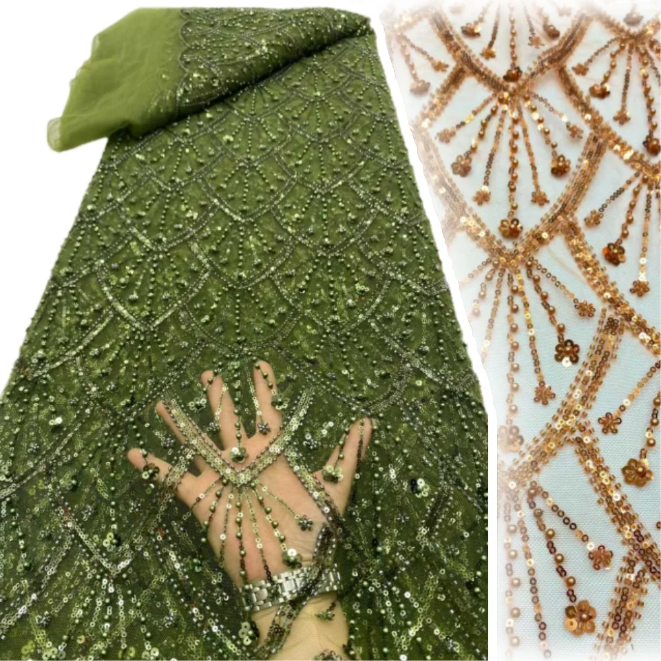

Зеленая роскошная нежная элегантная французская кружевная ткань ручной работы с бисером, роскошная нигерийская африканская кружевная ткань с блестками, вечерние платья 2063
