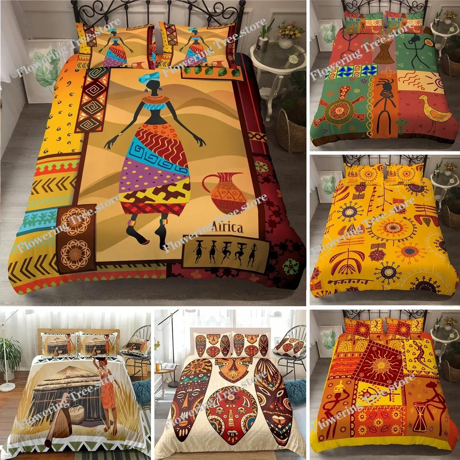 

African Woman King Queen Duvet Cover Retro Exotic Tribal Black Girl Pattern Bedding Set Africa Polyester Quilt Cover Pillowcase0