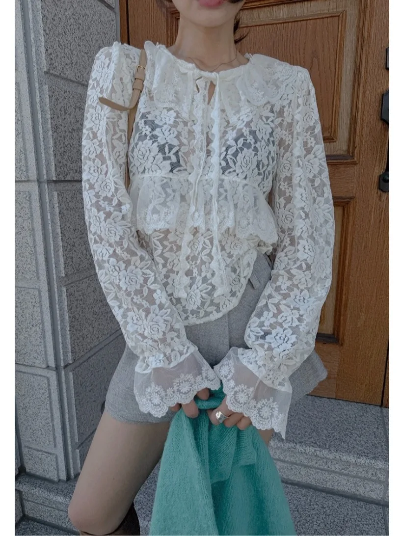 Retro Large Collar Bell Sleeve Lace Shirt Women's Fashionable Layered Wear Spring Autumn Winter Korean Style Inner Wear