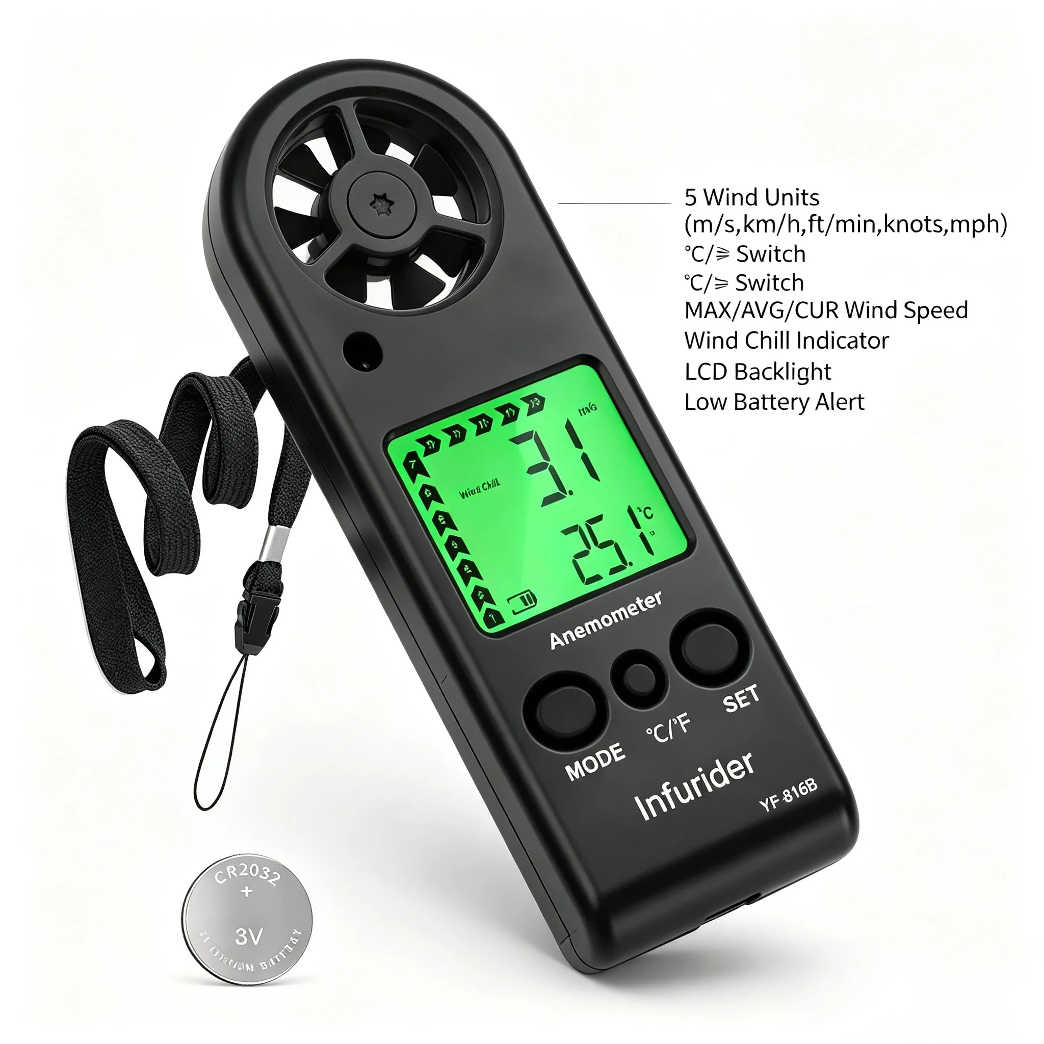 

HP Digital Handheld Anemometer 0-30m/s Wind Speed Meter -10℃~45℃ Thermometer LCD Backlight MAX/MIN/AVG Air Flow Gauge for HVAC