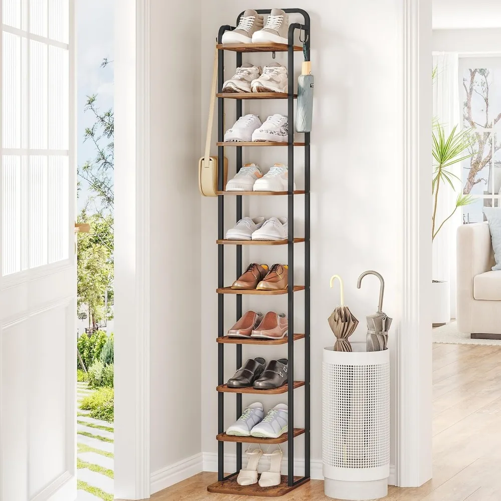 

10 Tiers Vertical Shoe Rack, Narrow Shoe Tower, Tall Shoes Shelf with 2 Hooks, Adjustable Shelves, Corner Shoes Shelves for Smal
