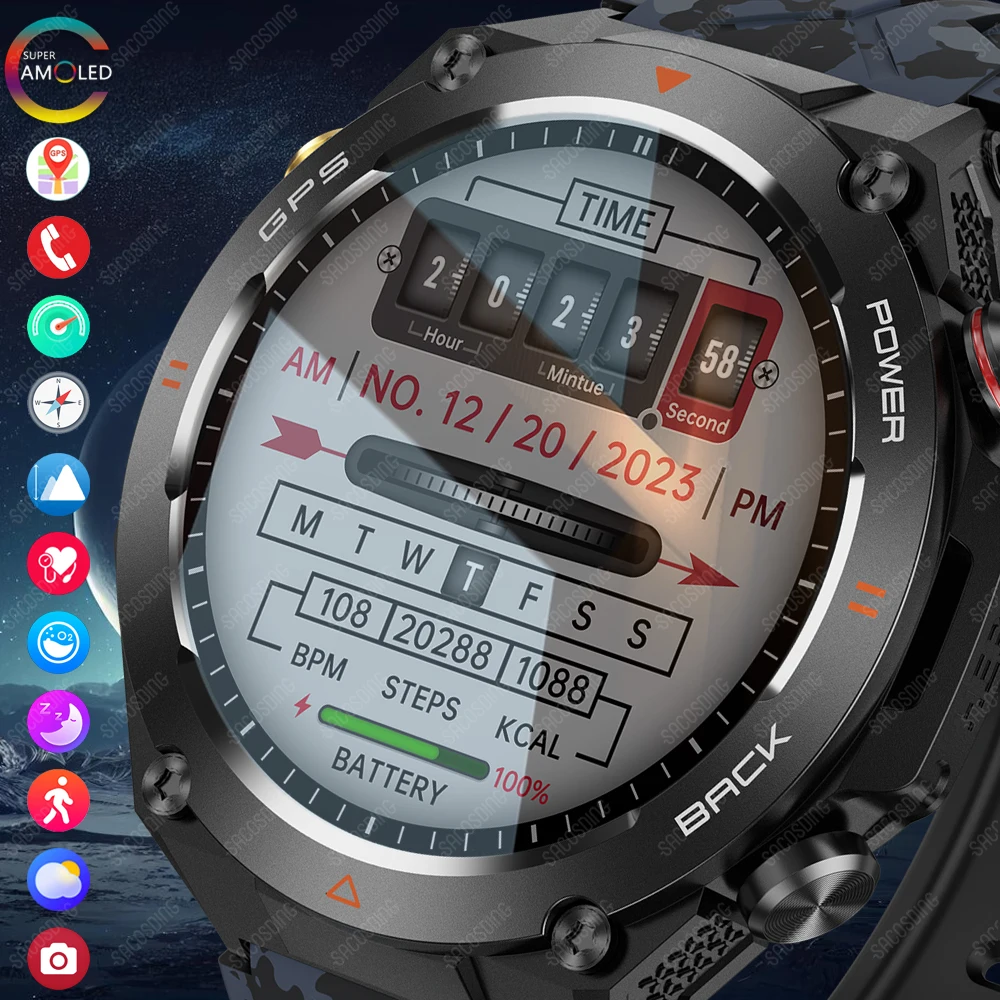 SACOSDING GPS Sports Smart Watch Men Women Compass Flashlight Outdoors 1ATM Waterproof Bluetooth Call Voice Assistant Smartwatch