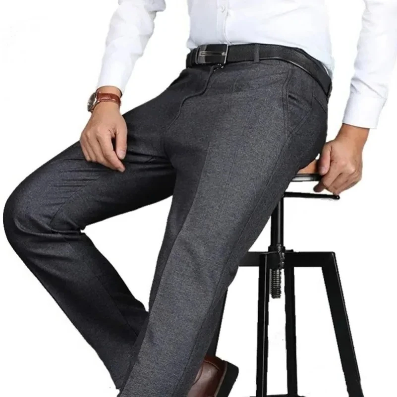 

Men's Business Suit Pants Men Mid Full Length Soft Trim Brand Casual Trousers Regular Straight Black Grey Large Size 28-40
