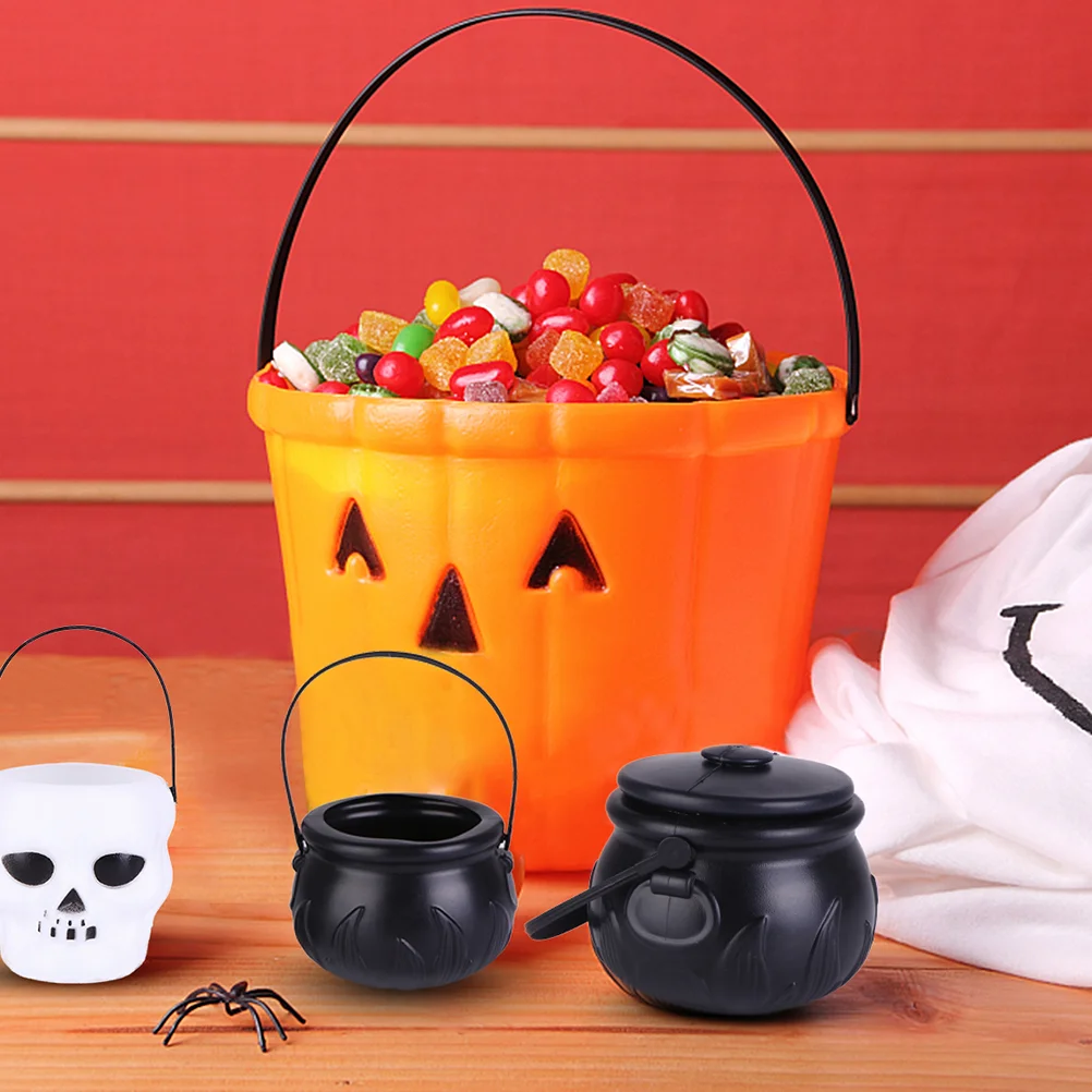 4 Pcs Halloween Flame Bucket Candy Basket Jack Lantern Pail Witch Cauldron Jar for Props Storage Hand