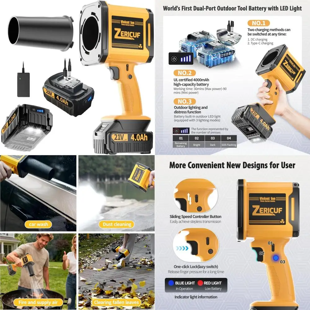

Cordless 21V Leaf Blower with 2x4.0Ah Batteries, LED Light, and Variable Speed Control for Yard and Car Cleaning