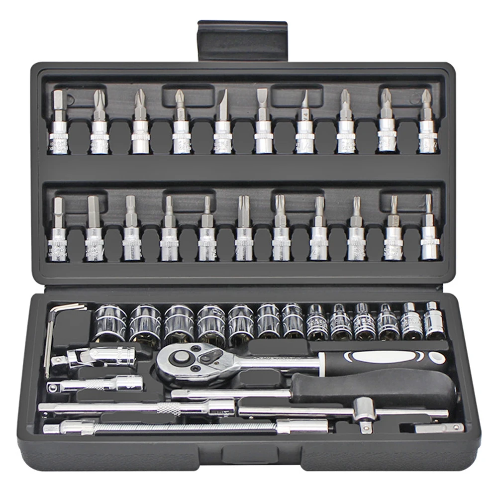 46pcs Automotive Mechanical Tools Motorcycle Bicycle Ratchet Set Combination Repair Wrench Socket Spanner Screwdriver Job Kit