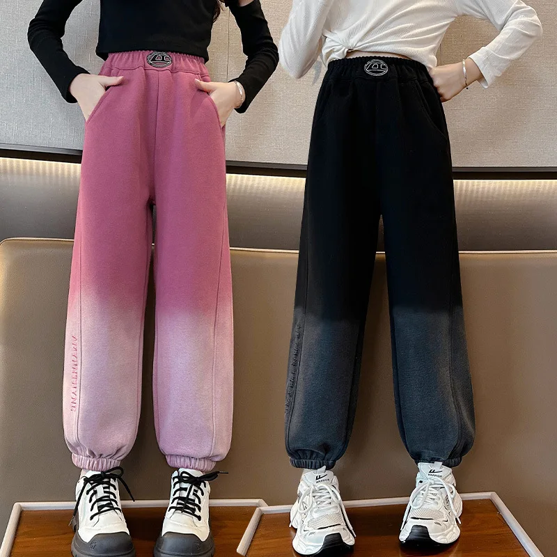 

Новые осенние детские повседневные хлопковые штаны для девочек, облегающие свободные спортивные брюки для детей-подростков, весенние элегантные спортивные штаны с градиентом