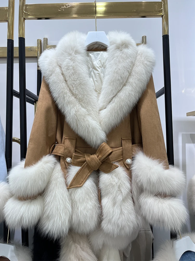 

2023 Winter New Fashion Natural Fox Fur Collar Goose Down Parkas Womens Luxury Mid length Puffer Jackets Clothing