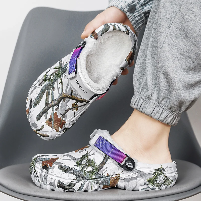 Plus Size 49 Men's Winter Fleece Lined Clogs,Removable Fluffy Plush Insole Warm Slippers,Anti‑Slip Thick Bottom Home Footwear