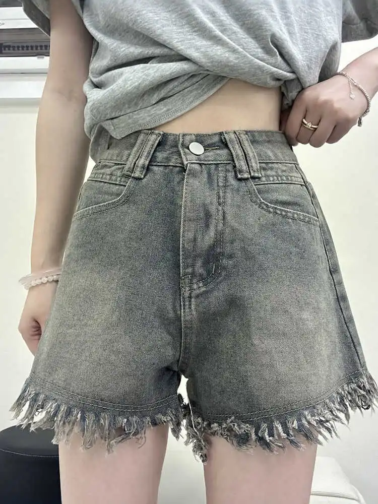 

Модные черные, серые джинсовые шорты с кисточками, летние женские свободные шорты с высокой талией, универсальные джинсы в Корейском стиле ретро