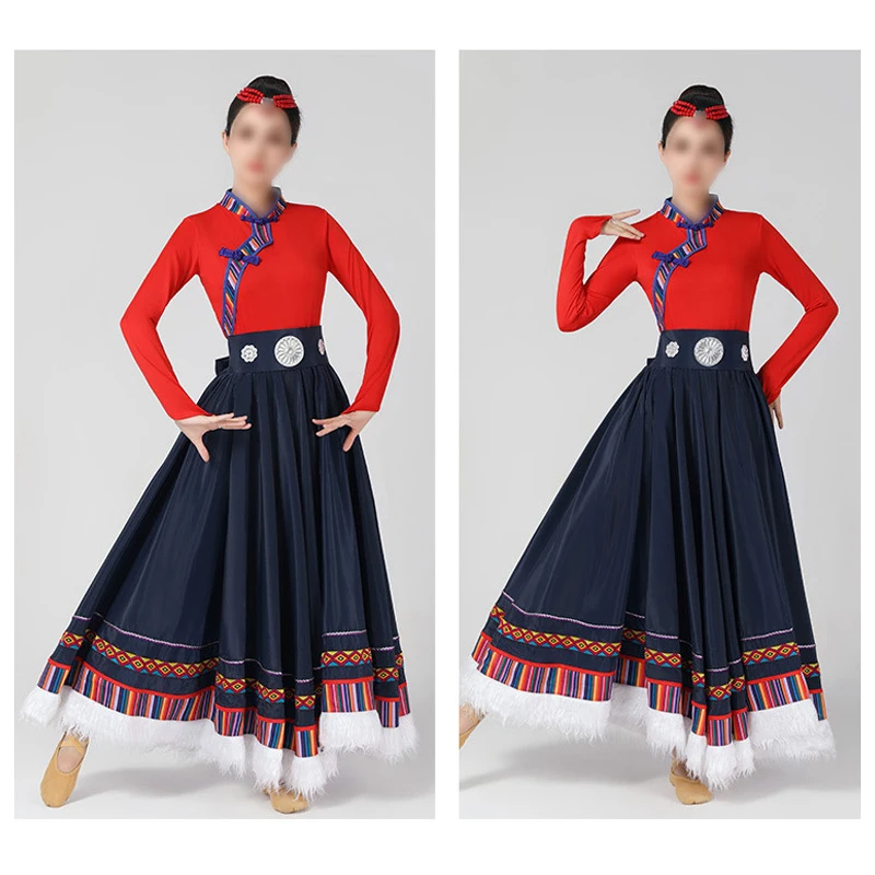 Długie spódnice do tańca mongolskiego, spódnice do tańca tybetańskiego z dużym zamachem, etniczny styl festiwalowy, chiński taniec ludowy, kostium sceniczny.