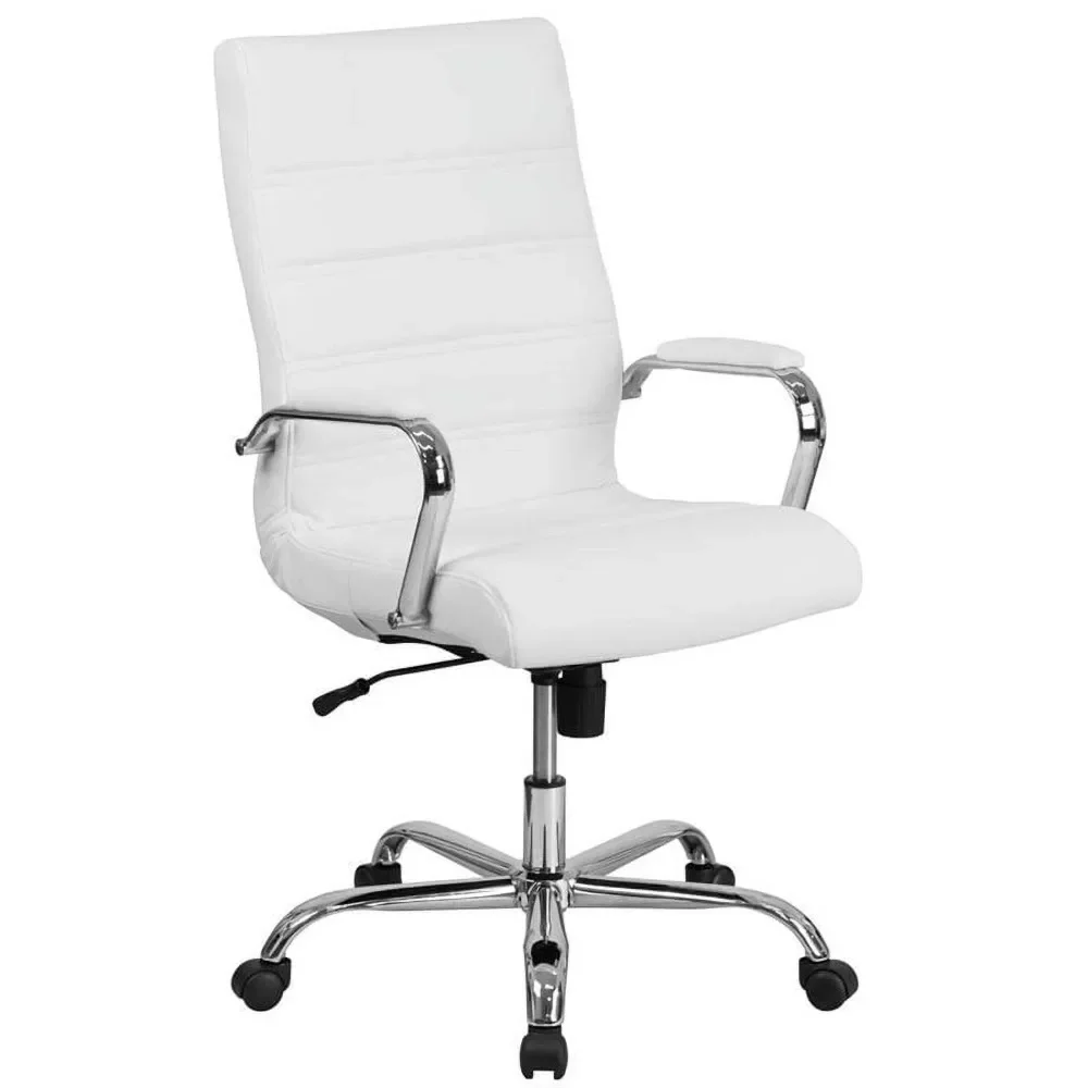 

High Back White LeatherSoft Executive Swivel Office Chair With Chrome Frame and Arms Freight Free Office Desk Chairs Stool