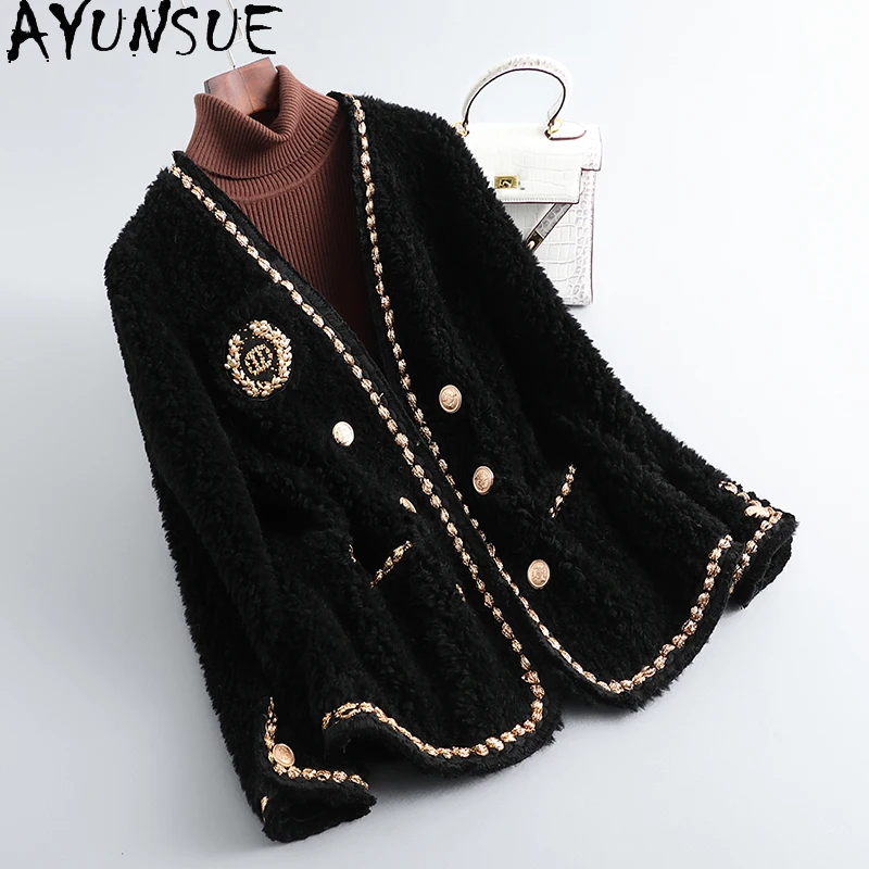 

AYUNSUE Women's Winter Coats Sheep Shearling Coat Women Fashion Wool Fur Coat Warm Female Clothing Suede Liner Fur Jacket Lq1091
