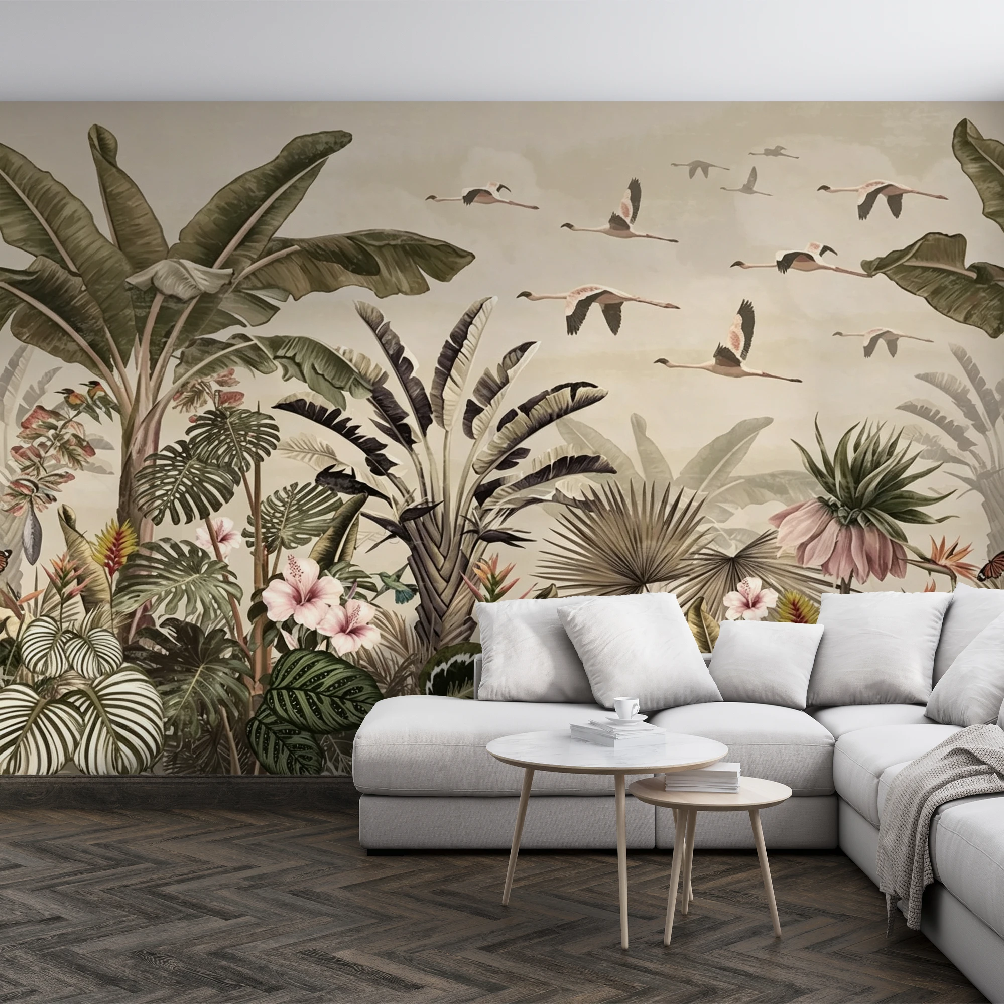 Vintage Tropical Jungle Wallpaper, Banana Leaf Hibiscus Flamingo Bird Mural, Retro Rainforest Wall Decor for Living Room