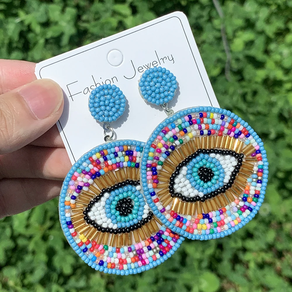 Vintage Beaded Evil Eye Statement Drop Dangling Earrings for Women Girls Bohemian Colorful Rice Beads Stud Jewelry Delicate Gift