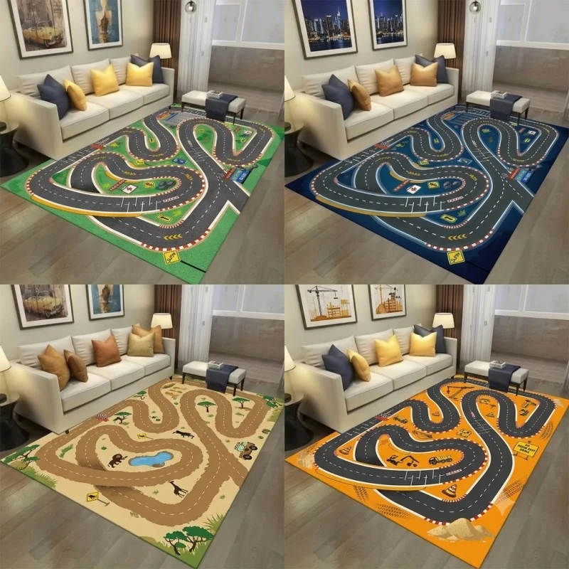 Newest Kids Race Track Road Game Area Rug, Traffic Track Printed Large Floor Carpet for Children Playroom Bedroom