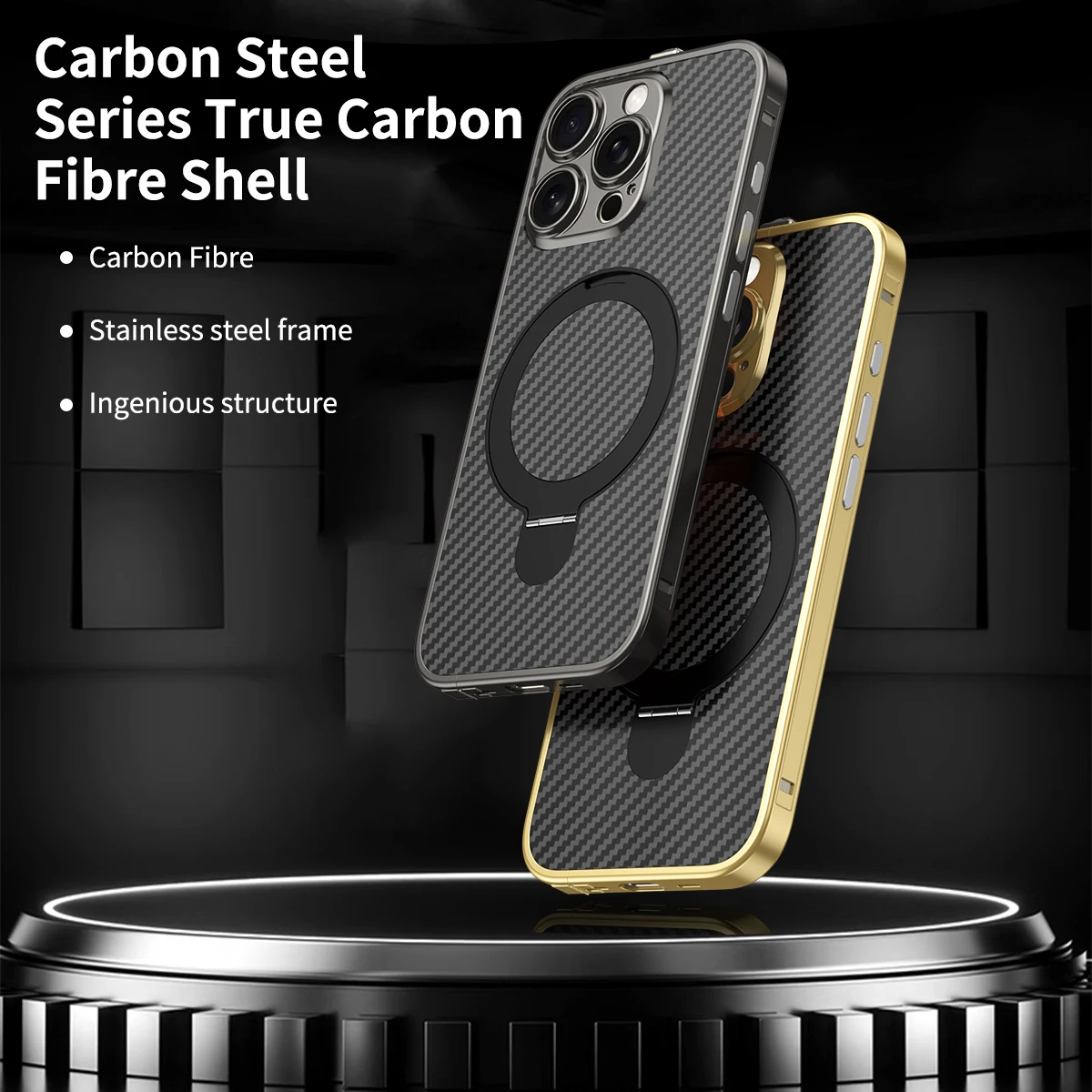 Diamond Switch Stainless Steel Bumper Case For iPhone 16 Pro Max 16Pro 15Pro Genuine Carbon Fiber Metal Ring Bracket Armor Cover