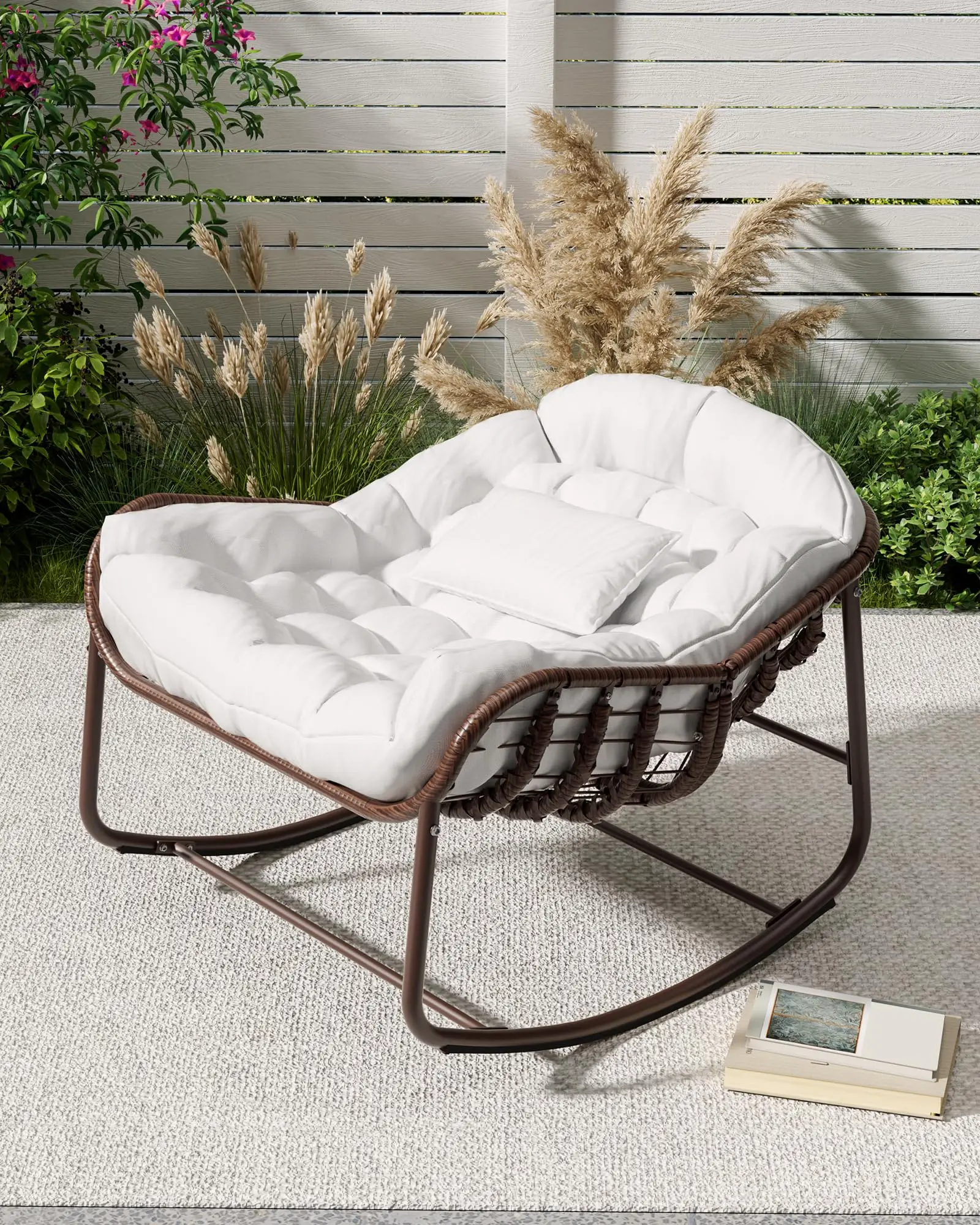XXL Papasan – huśtawka ogrodowa, krzesło do użytku na zewnątrz, wykonane z rattanu PE, wytrzymałe do 181 kg, z metalową ramą i grubą, odporną na promieniowanie UV poduszką, idealne do ogrodu, na