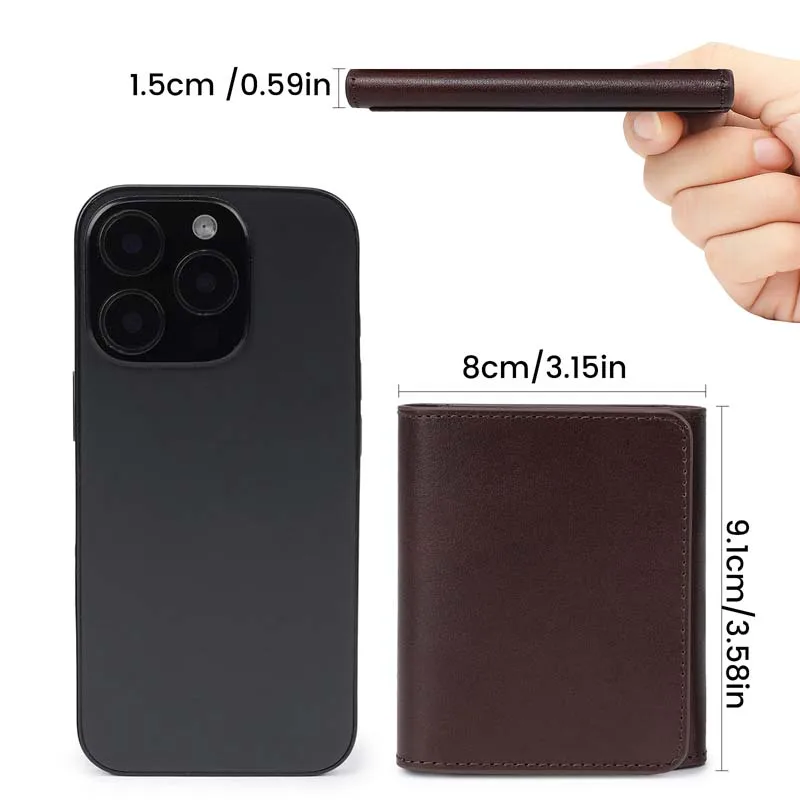 Portable Men's Small Wallet Made of Fine Grain Leather Vintage Genuine Leather Mini Wallet with Coin Compartment and Press Stud