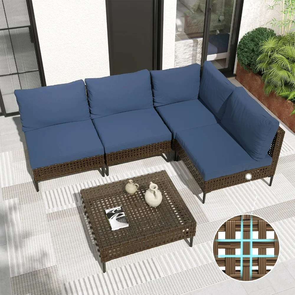 5-Piece Wicker Patio Furniture Set, Retro Outdoor Sectional Sofa with Water Resistant Blue Thick Cushions and Coffee Table