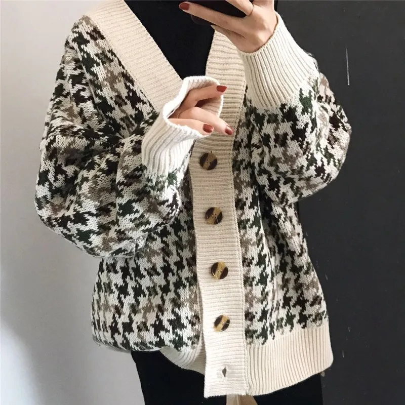 

New Knitting Women Houndstooth Sweaters Cardigan Long Sleeve Autumn Winter Korean Style Warm Female Plaid Cardigan Coat Knitwear