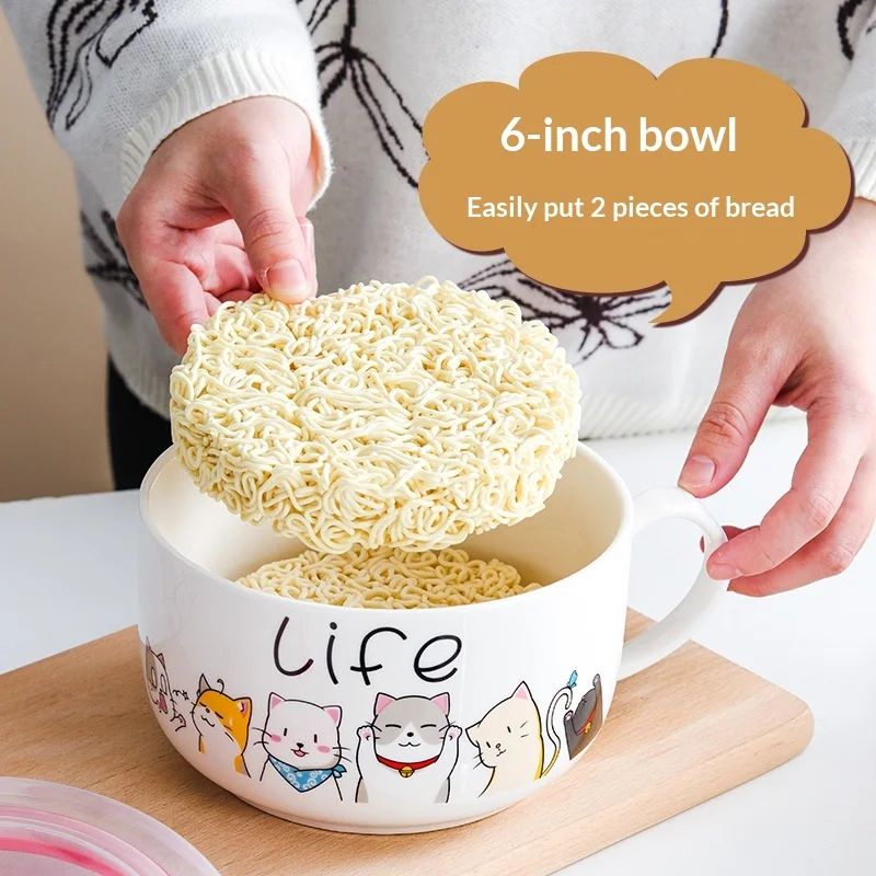 Instant Noodle Bowl Cartoon Ceramic with Lid and Handle Breakfast Cup Student Dormitory Large Oatmeal Cup Sealed Noodle Bowl