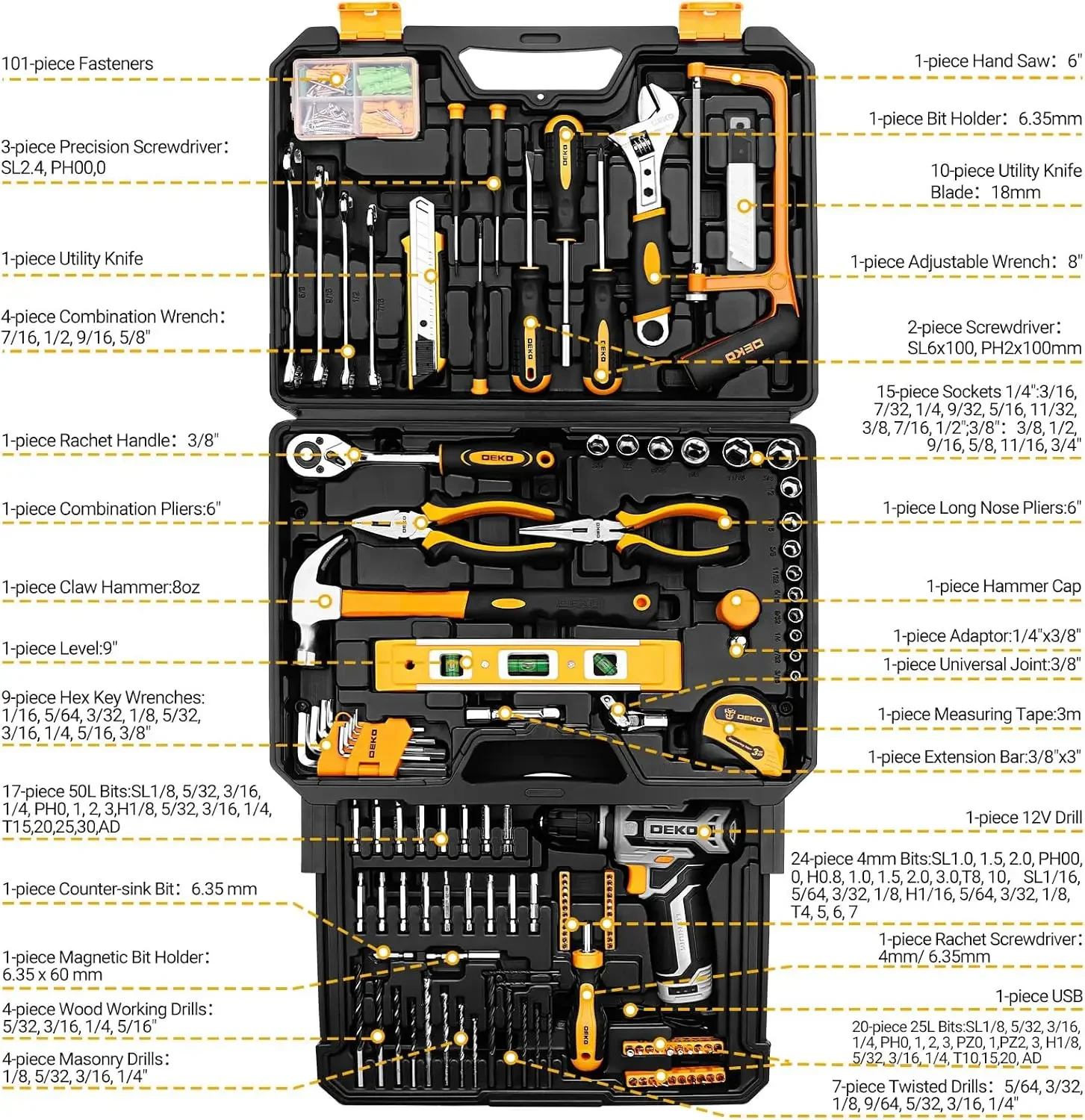 for Kit Box Drill Set：DEKOPRO Home Mechanic Toolbox with 12V Power Cordless Drill Hand Repair Tools Sets Combo Kits Storage Org