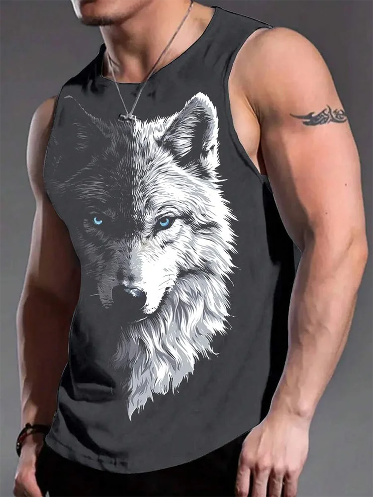 Street Fashion Personality Wolf Print Men's Tank Top Summer Daily Casual Men's Cool Tank Top Outdoor Sports Men's Tank Top