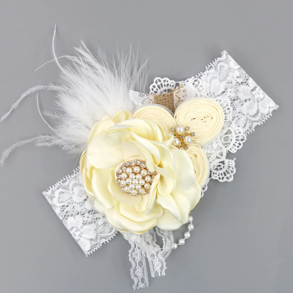 Feather Chiffon Flower Diamond Headband Newborn Baby PhotoProps Hair Accessories Little Princess Pearl Stone Lace Wide Headbands