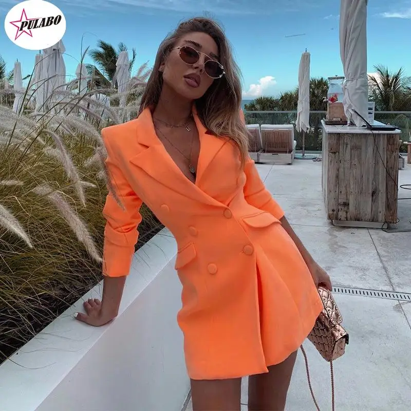 Neon Pocket Double Breasted Blazer Long Sleeve Slim Elegant Coat Jacket Women 2024 Autumn Winter Lengthen Windbreak