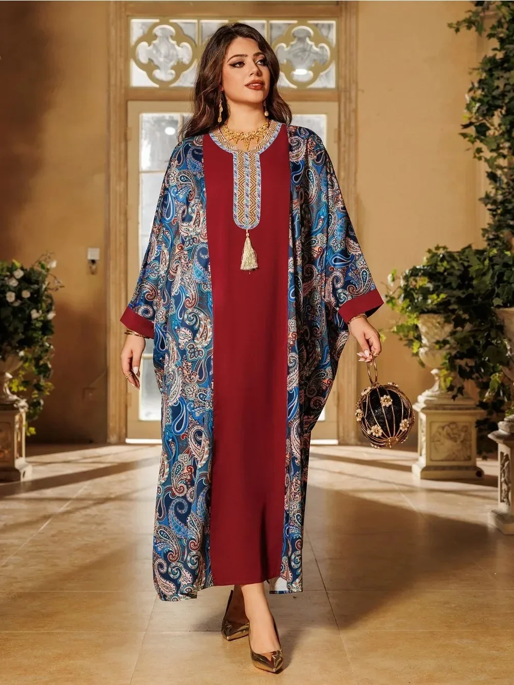 Eid Muslim Dress Women Print Jalabiya Bat Sleeve Long Robe Abaya Diamond Party Dresses Ramadan Kaftan Islam Dubai Arab 2024