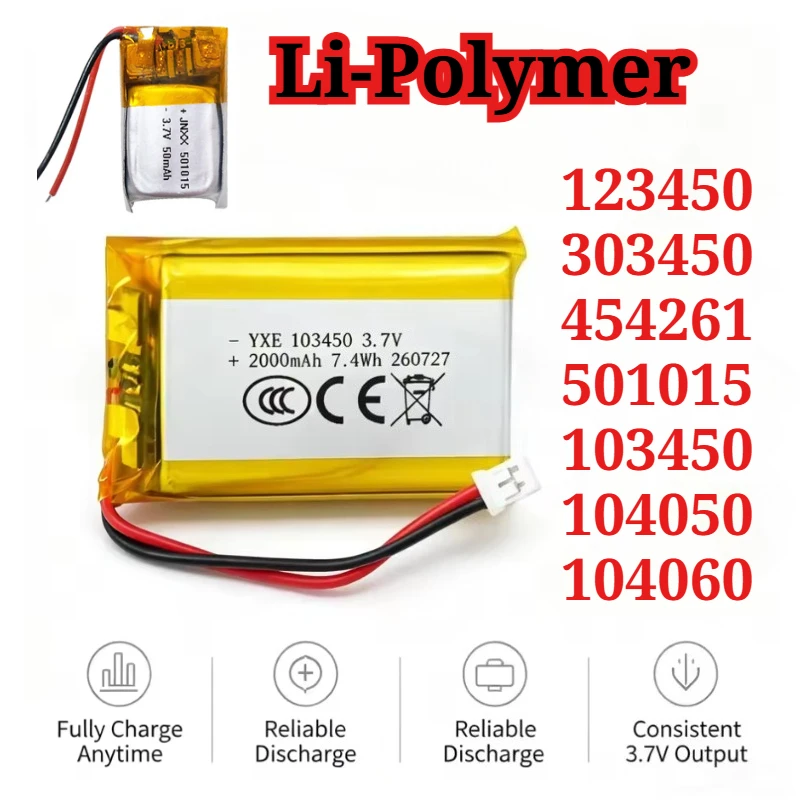 3.7V 1200mAh Lithium-ion Polymer Battery Models Include 123450, 303450, 454261, 501015, 103450, 104050, and 104060
