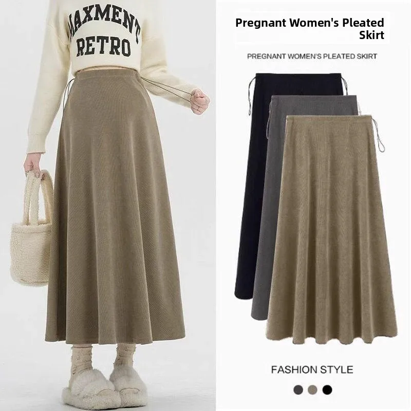 Maternity High Waist A-Line Skirt No Belly Band Spring Autumn Slimming Adjustable Length  Color Skirt for Pregnant Women
