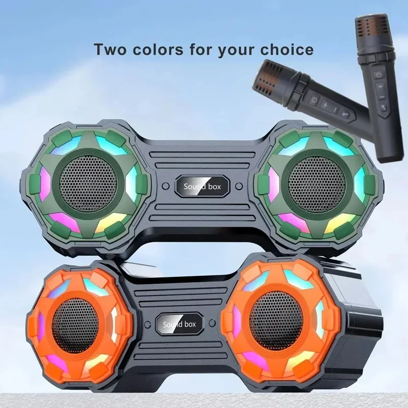 RGB Colorful Light Wireless Microphone Karaoke Set Dual Horns Boombox Outdoor Wearable Bluetooth Speakers USB AUX Music Playing