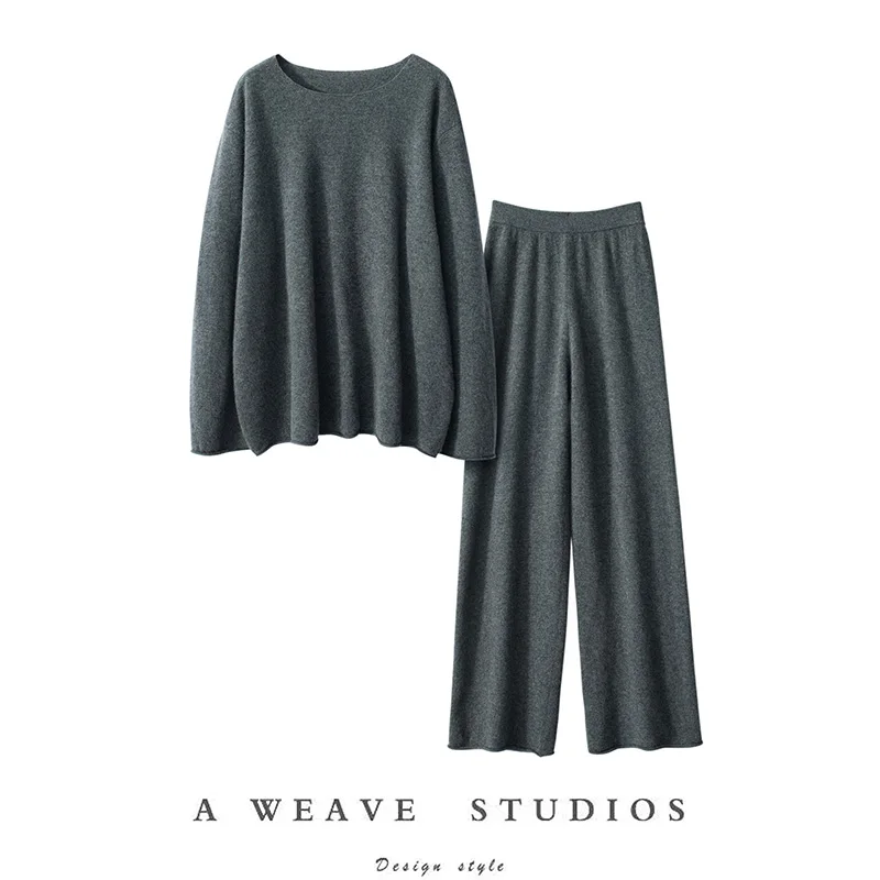 New Women 100% Cashmere Pullover Wide Leg Pant Set Soft Warm Slash Neck Sweater Long Trousers Spring Autumn Winter Outfit Suit