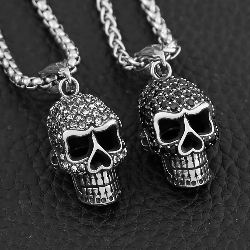 Fashion Creative Skull With Black Stone Pendant Stainless Steel Gothic Skeleton Necklace Punk Rock Party Men\'s Jewelry Wholesale
