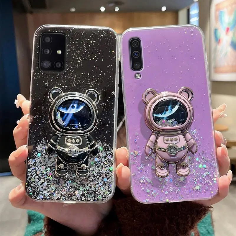 A 50 70 Glitter Quicksand Astronaut Holder Case For Samsung Galaxy A50 A70 A7 2018 A30s A20 A21s A20s A10 Stand Silicone Cover