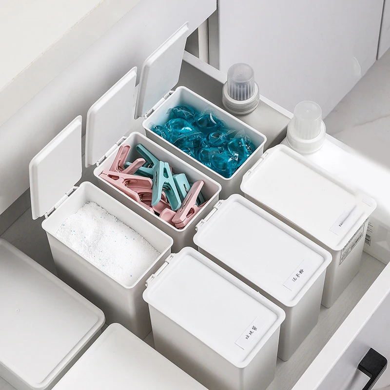 White Laundry Room Storage Box Scent Booster Laundry Beads Powder Container Clothes Clips Case with Dustproof Lid Organizer Box