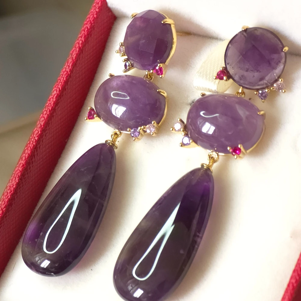 KQDANCE Natural Purple Amethyst Stone Colored Zircon Long Earrings With 925 Silver Needle Gold Plated Teardrop Jewelry Gifts