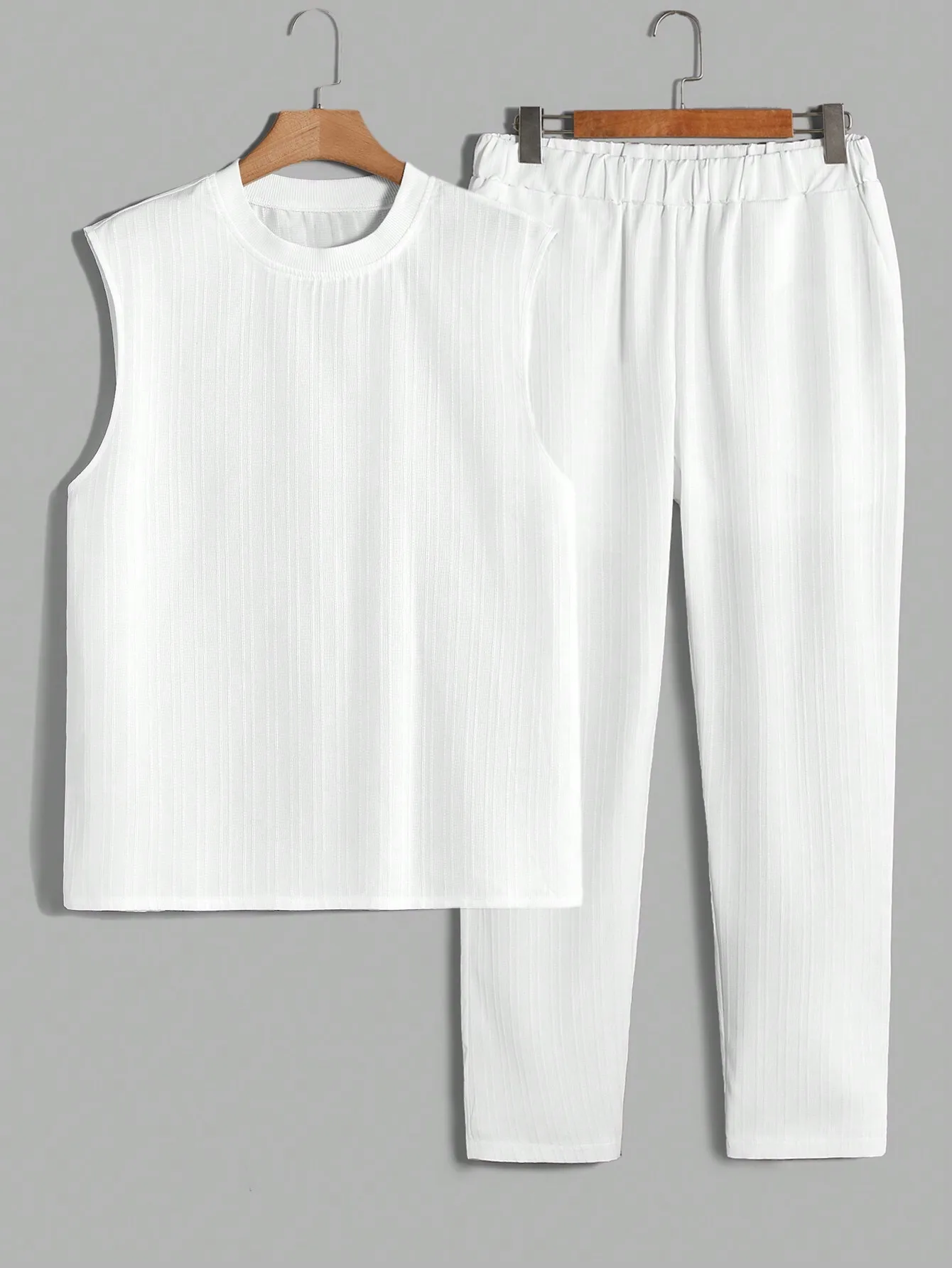 

Men's White Ribbed Sleeveless Top and Elastic Waist Long Pants Set