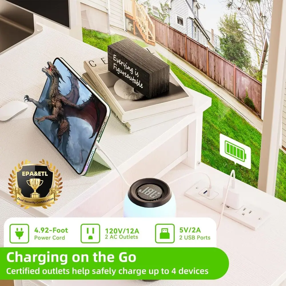 مكتب مكتب منزلي أبيض مع 5 أدراج، ومحطة شحن، وحامل طابعة للمساحات المدمجة