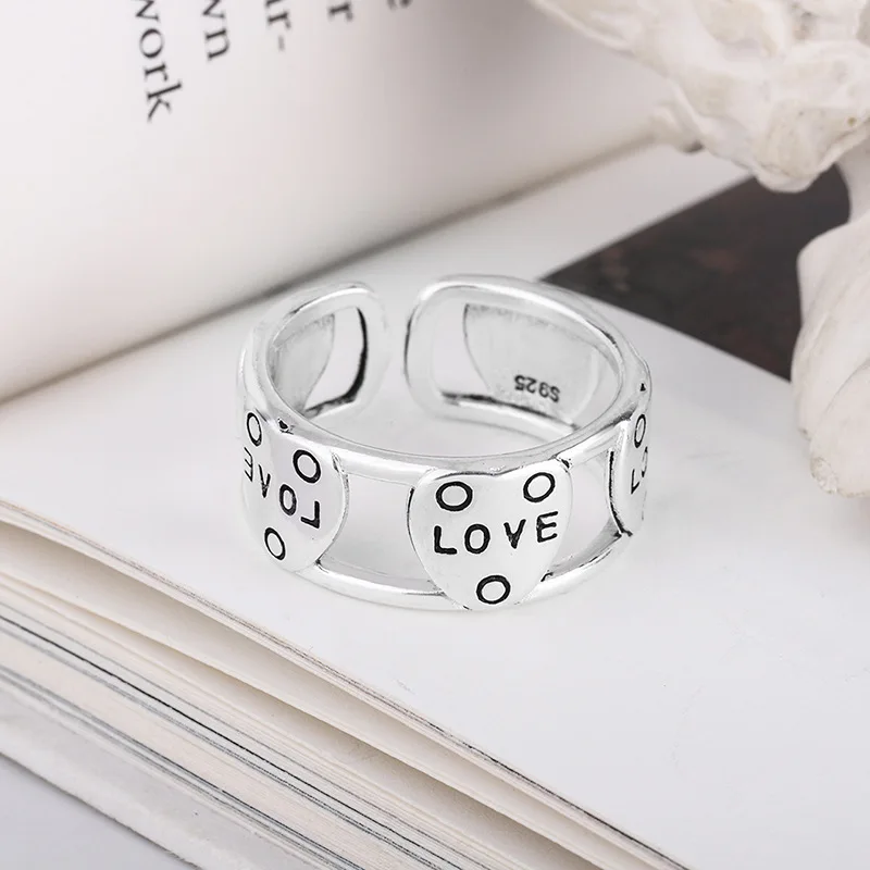 Retro Versatile Simple Love Heart Shaped 925 Sterling Silver Personality Double Layered English Letter Opening Rings  TYB348