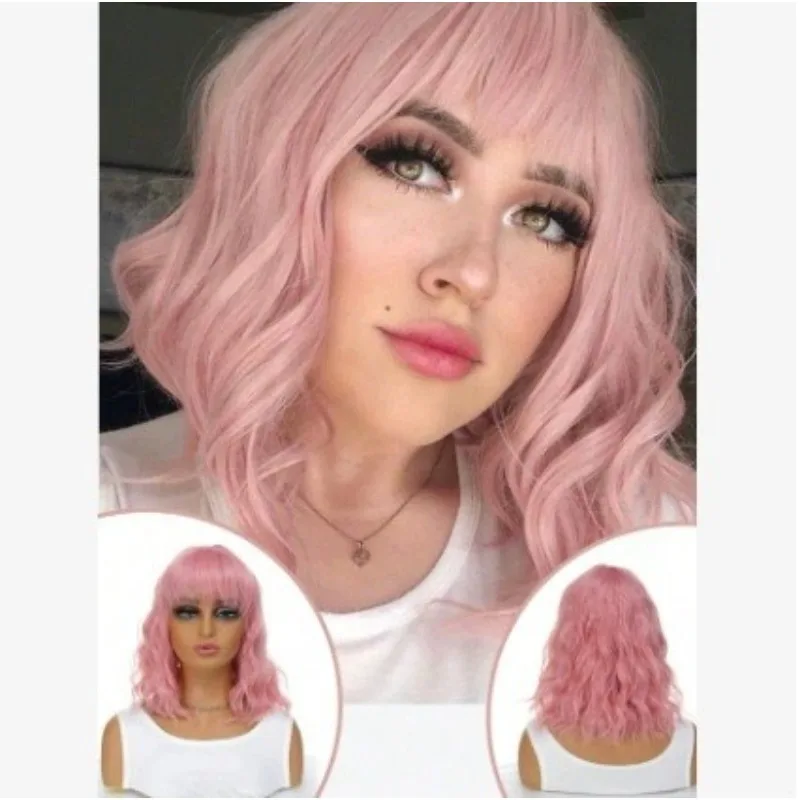 Short Water Wave Wig with Bangs - Ombre Color Synthetic Lolita Cosplay Hairpiece - Natural Fluffy Daily & Party Wear