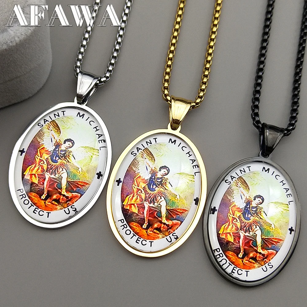 

Archangel St.Michael Protect Us Glass Medal Pendant Necklace for Women Men Stainless Steel Saint Michael Chain Jewelry Gift
