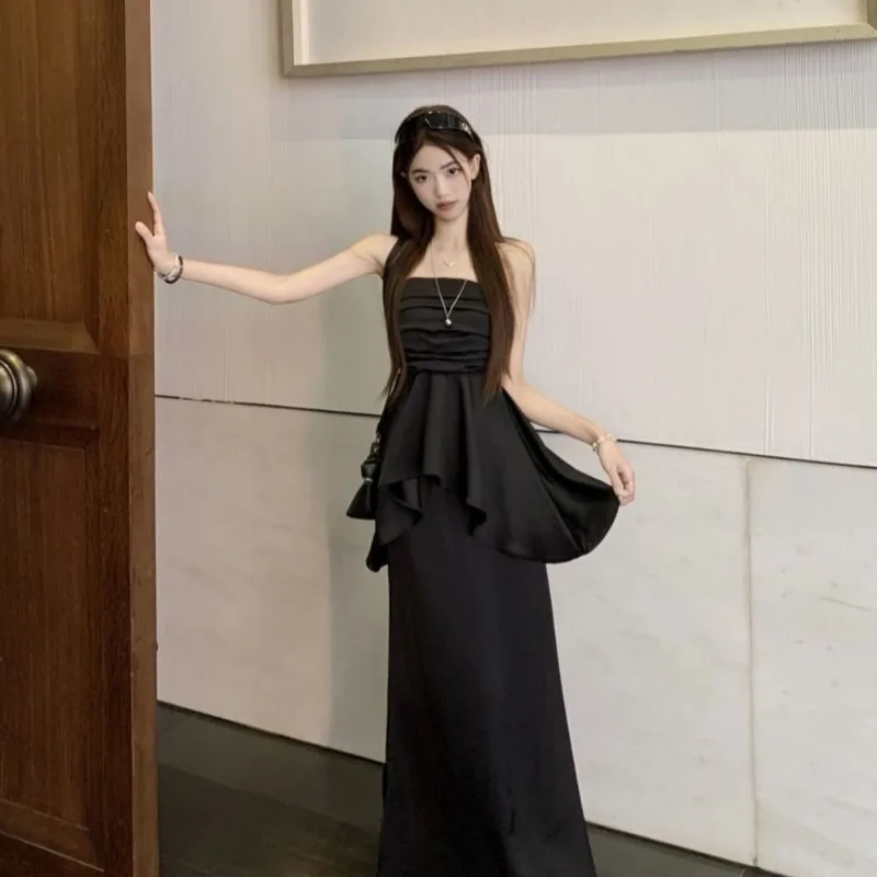 

2025 Summer Women Sexy Black Irregular Tube Tops Split Skirts Two Piece Suits Lady French Graceful Sleeveless Shirts Skirt Sets